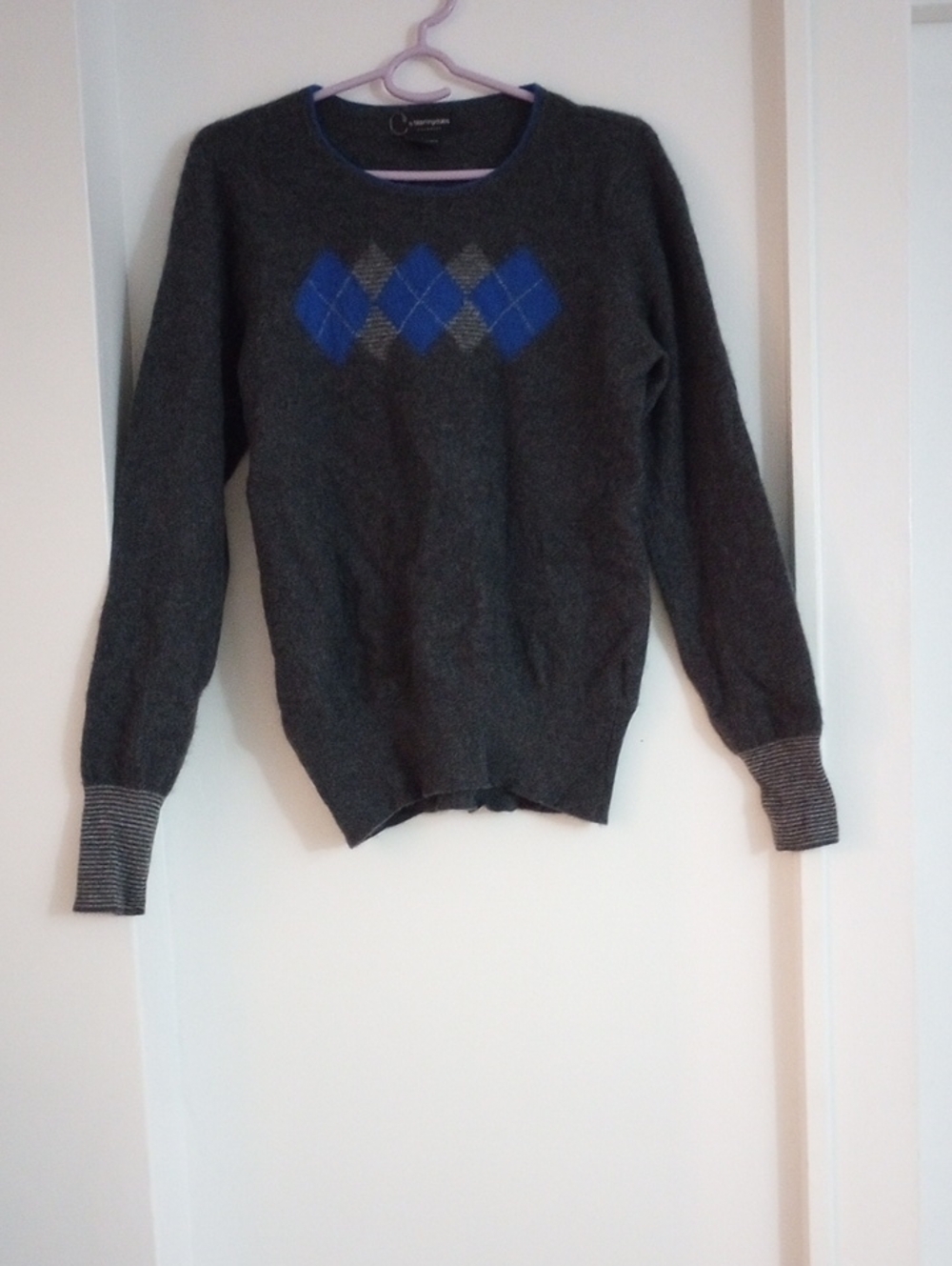 Bloomingdale's 100% Cashmere Charcoal Crewneck Sweater Blue Argyle Size L